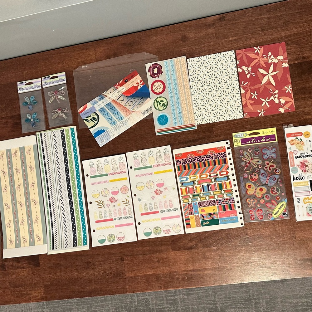 Stickers, Beadables, card stock, Creative Memories, etc. For scrapbooking, card